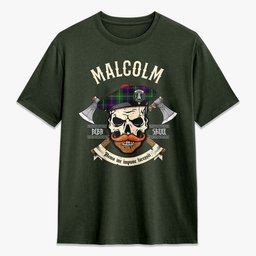 ScotsTee Shop Scottish Malcolm (or MacCallum) Crest Tartan T-shirt Alba Skull Style