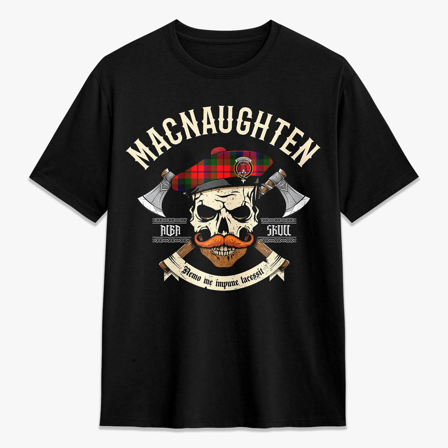 ScotsTee Shop Scottish MacNaughten Crest Tartan T-shirt Alba Skull Style