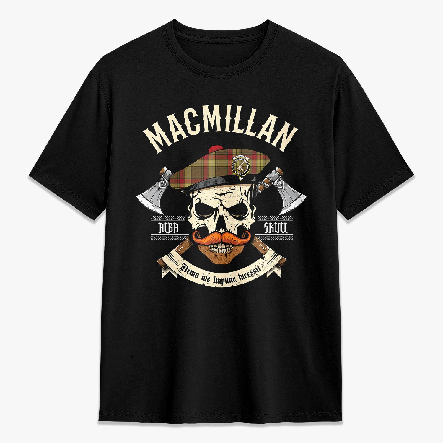 ScotsTee Shop Scottish MacMillan Old Weathered Crest Tartan T-shirt Alba Skull Style