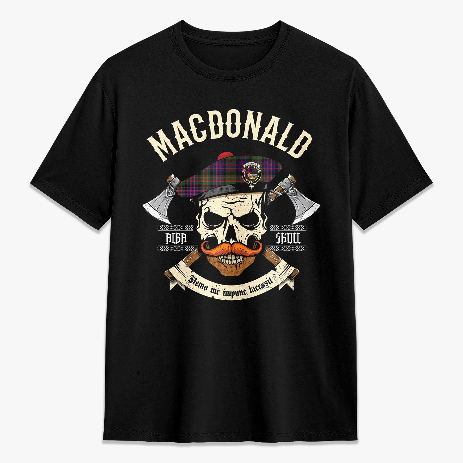 ScotsTee Shop Scottish MacDonald Modern Crest Tartan T-shirt Alba Skull Style