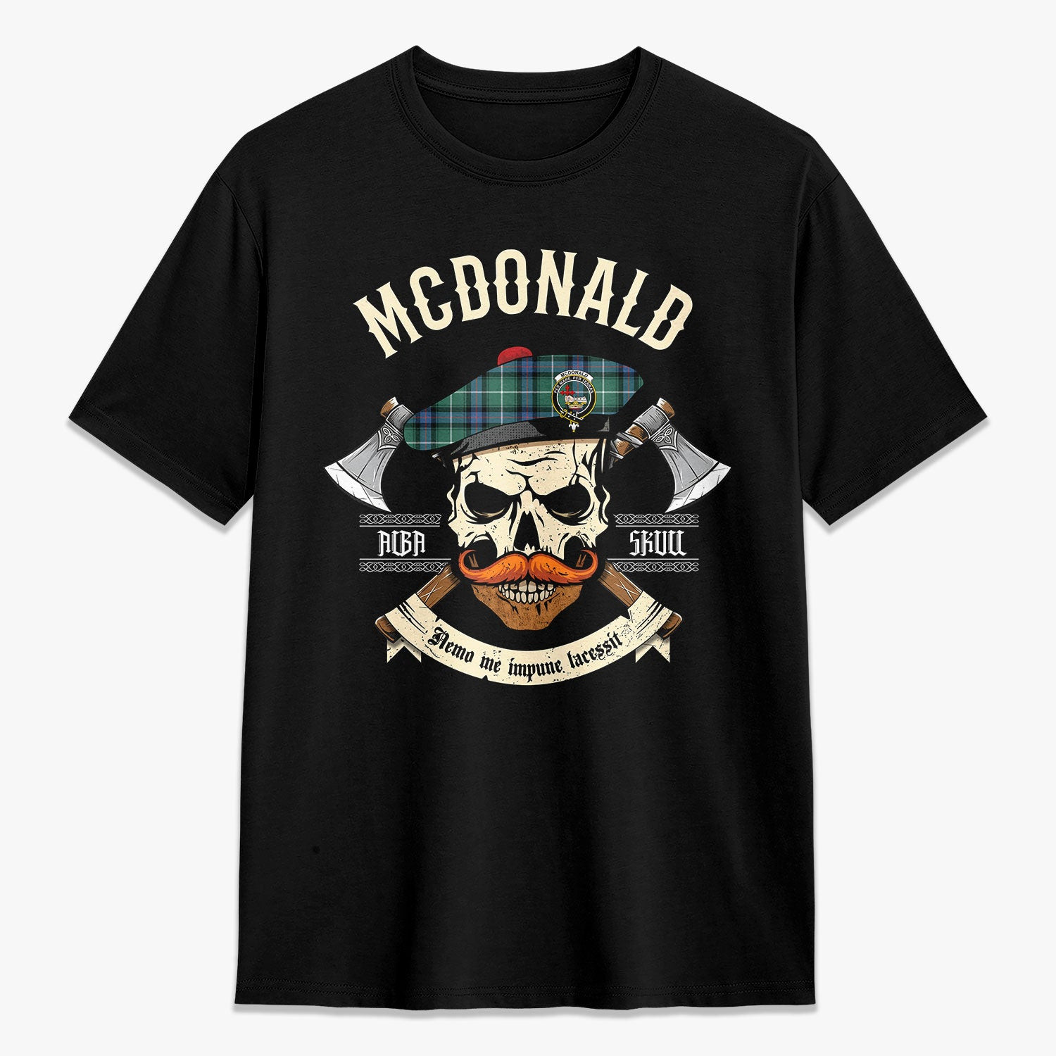 ScotsTee Shop Scottish McDonald of the Isles Hunting Ancient Crest Tartan T-shirt Alba Skull Style
