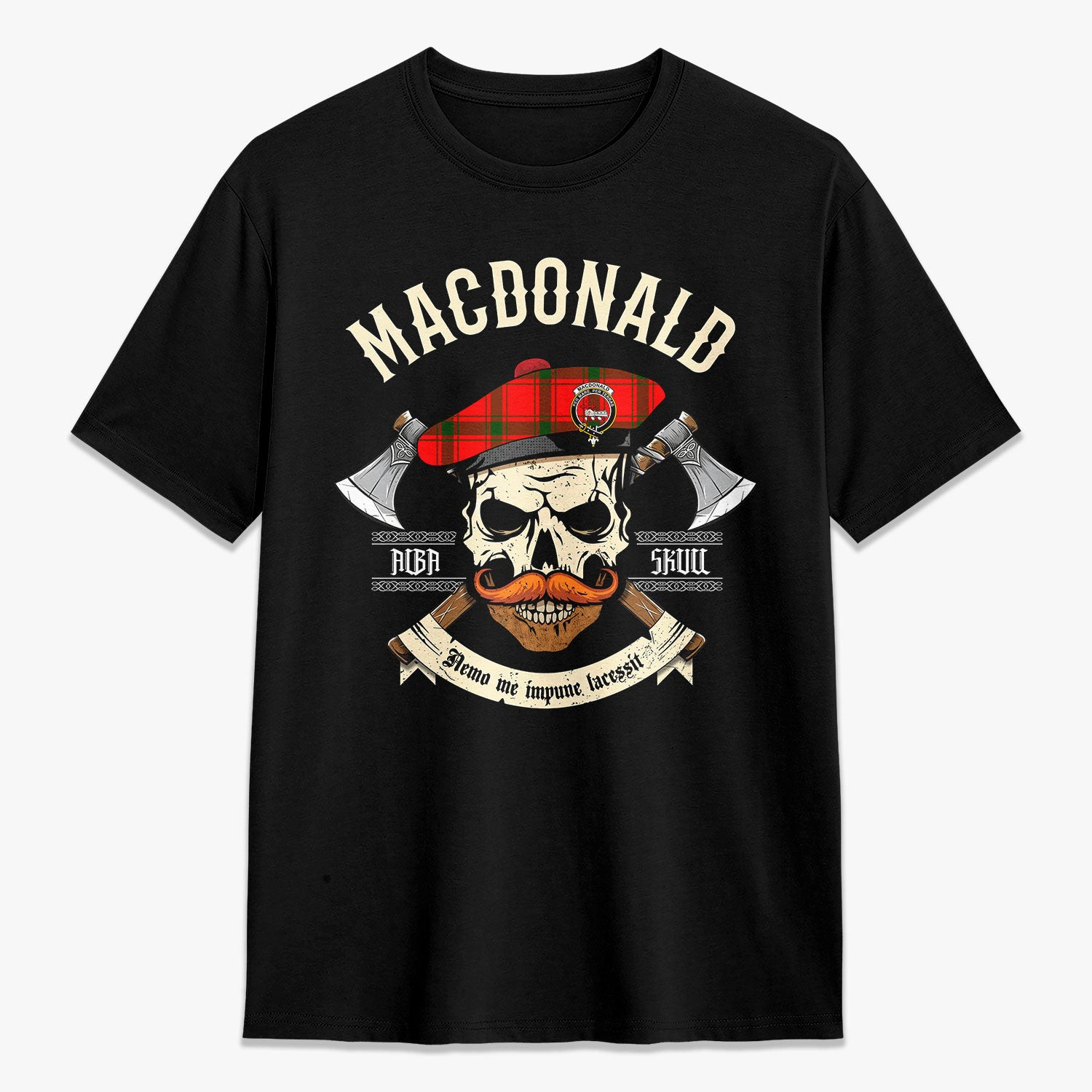 ScotsTee Shop Scottish MacDonald of Sleat Crest Tartan T-shirt Alba Skull Style