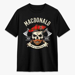 ScotsTee Shop Scottish MacDonald of Sleat Crest Tartan T-shirt Alba Skull Style