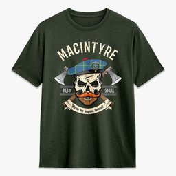 ScotsTee Shop Scottish MacIntyre Hunting Ancient Crest Tartan T-shirt Alba Skull Style