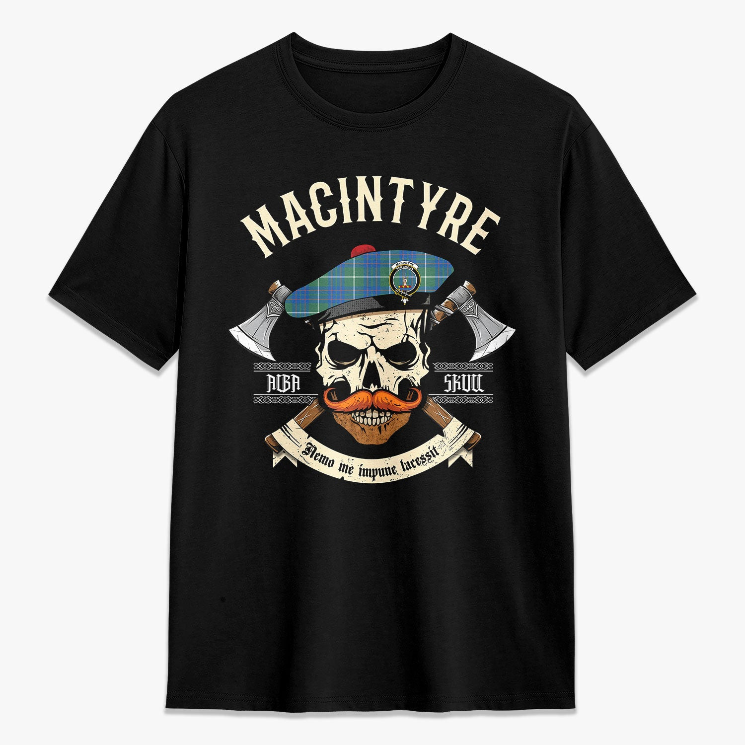 ScotsTee Shop Scottish MacIntyre Hunting Ancient Crest Tartan T-shirt Alba Skull Style
