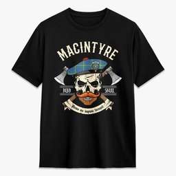 ScotsTee Shop Scottish MacIntyre Hunting Ancient Crest Tartan T-shirt Alba Skull Style