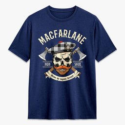ScotsTee Shop Scottish MacFarlane Black - White Crest Tartan T-shirt Alba Skull Style
