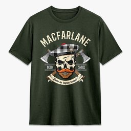 ScotsTee Shop Scottish MacFarlane Black - White Crest Tartan T-shirt Alba Skull Style