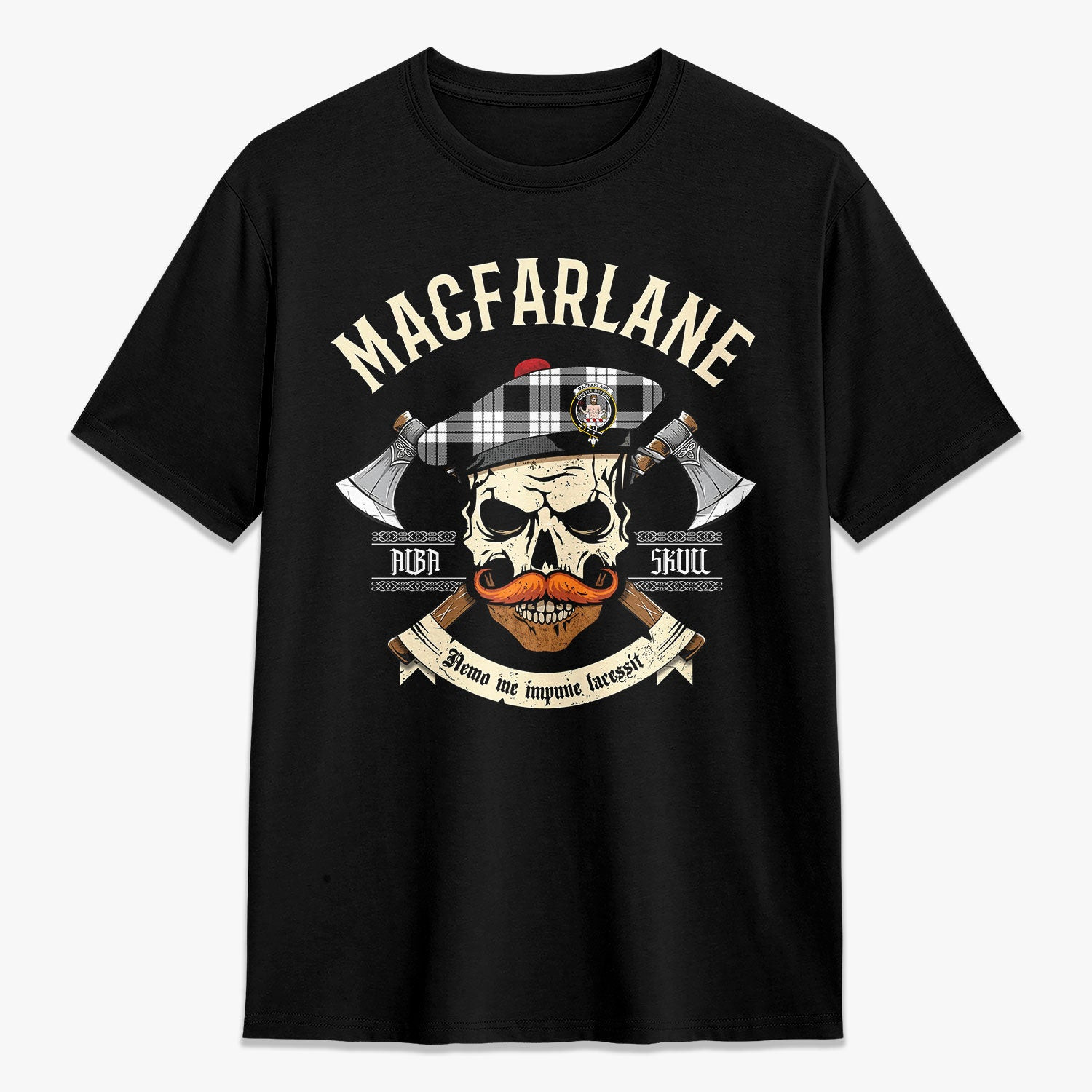 ScotsTee Shop Scottish MacFarlane Black - White Crest Tartan T-shirt Alba Skull Style