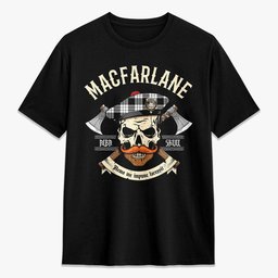 ScotsTee Shop Scottish MacFarlane Black - White Crest Tartan T-shirt Alba Skull Style