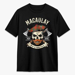 ScotsTee Shop Scottish MacAulay Ancient Crest Tartan T-shirt Alba Skull Style
