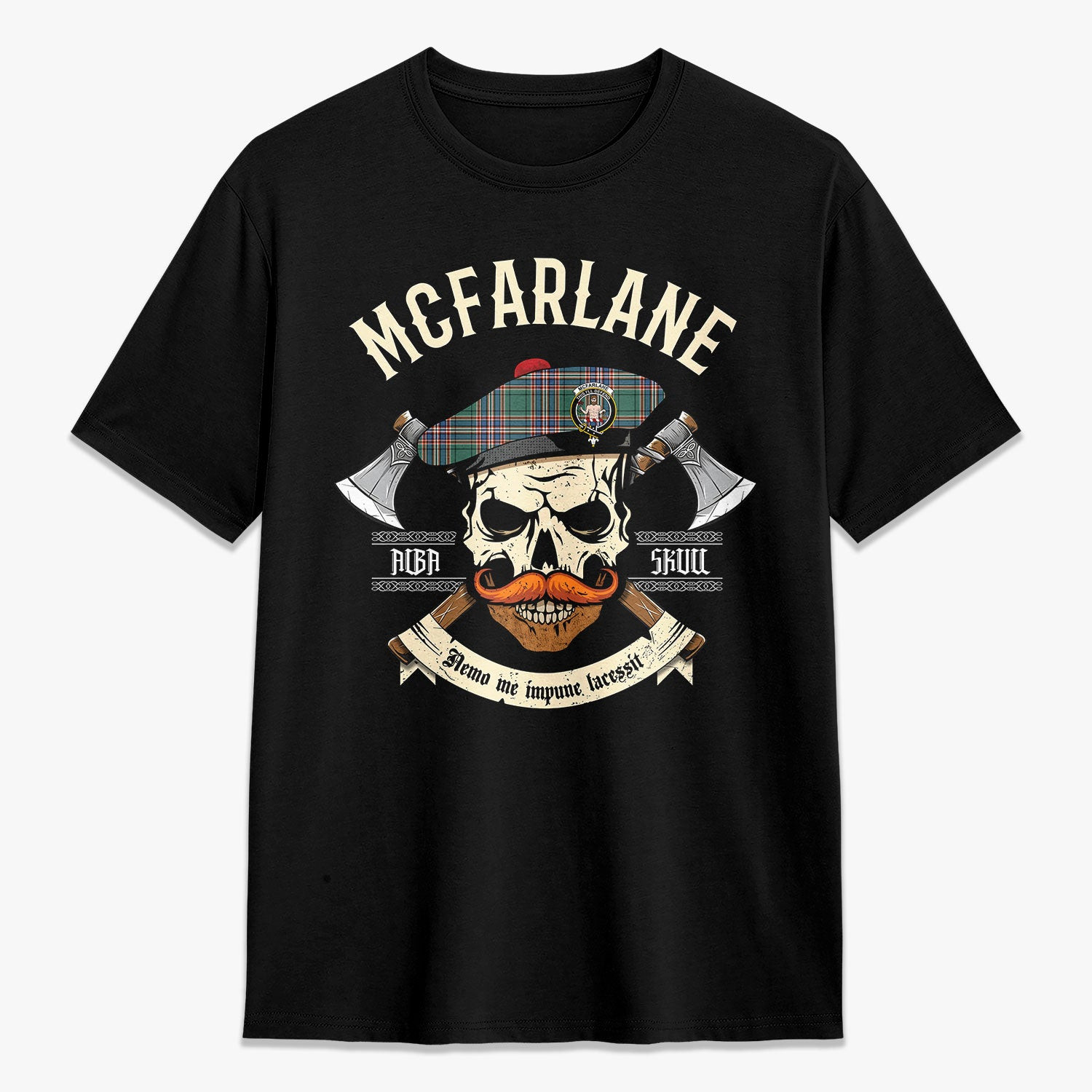 ScotsTee Shop Scottish McFarlane Hunting Ancient Crest Tartan T-shirt Alba Skull Style