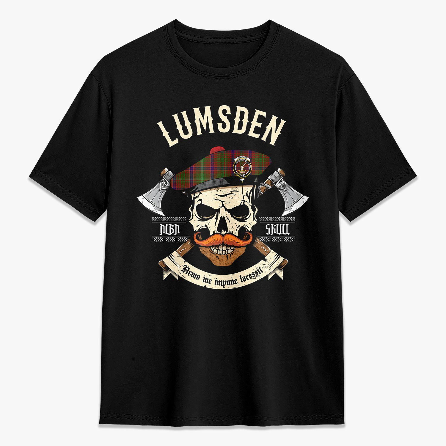 ScotsTee Shop Scottish Lumsden Crest Tartan T-shirt Alba Skull Style
