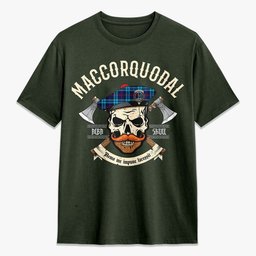 ScotsTee Shop Scottish MacCorquodale Crest Tartan T-shirt Alba Skull Style
