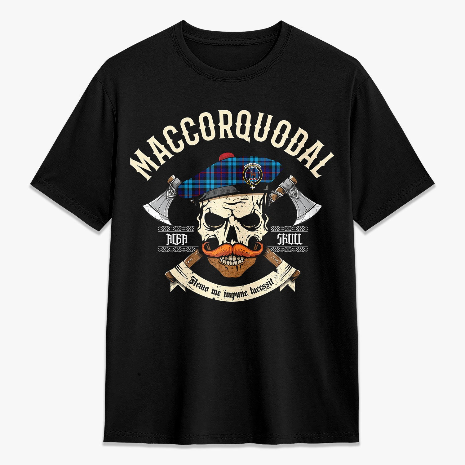ScotsTee Shop Scottish MacCorquodale Crest Tartan T-shirt Alba Skull Style