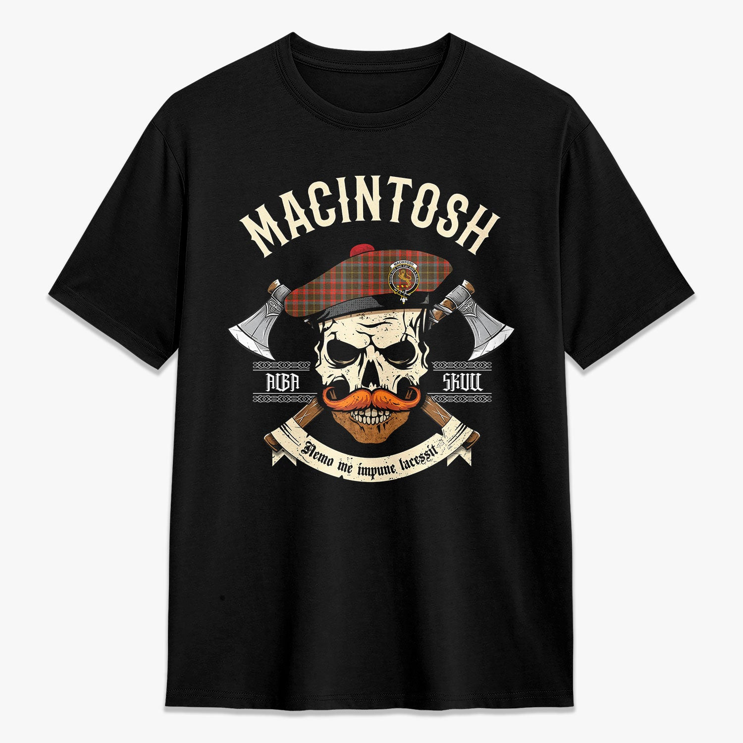 ScotsTee Shop Scottish MacIntosh Hunting Weathered Crest Tartan T-shirt Alba Skull Style