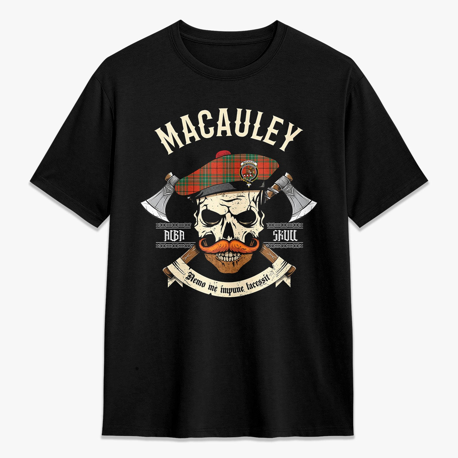 ScotsTee Shop Scottish MacAuley Ancient Crest Tartan T-shirt Alba Skull Style