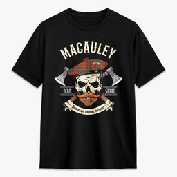 ScotsTee Shop Scottish MacAuley Ancient Crest Tartan T-shirt Alba Skull Style