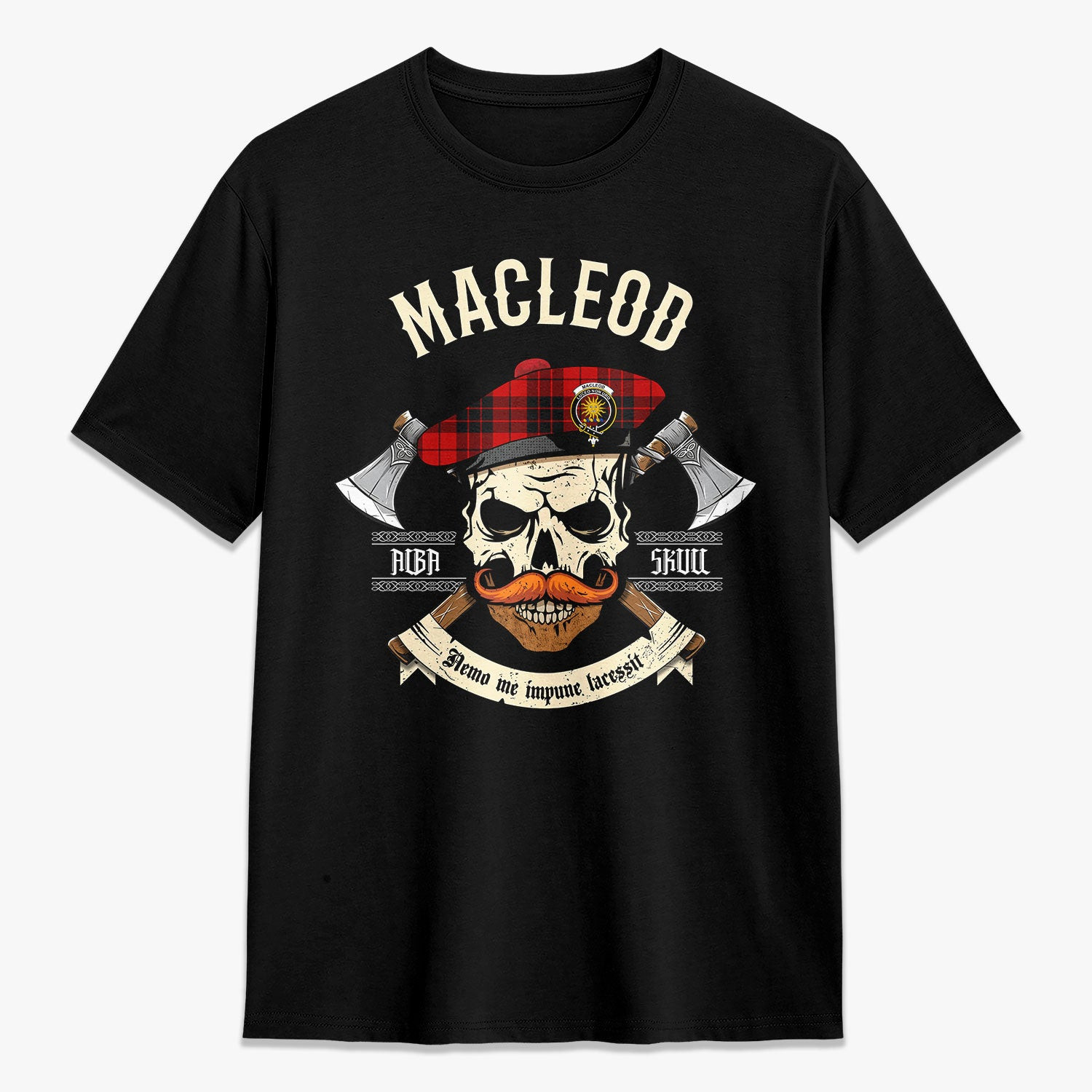 ScotsTee Shop Scottish MacLeod of Raasay Crest Tartan T-shirt Alba Skull Style