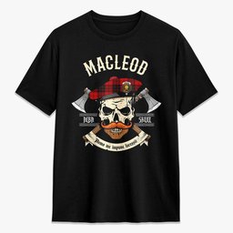 ScotsTee Shop Scottish MacLeod of Raasay Crest Tartan T-shirt Alba Skull Style