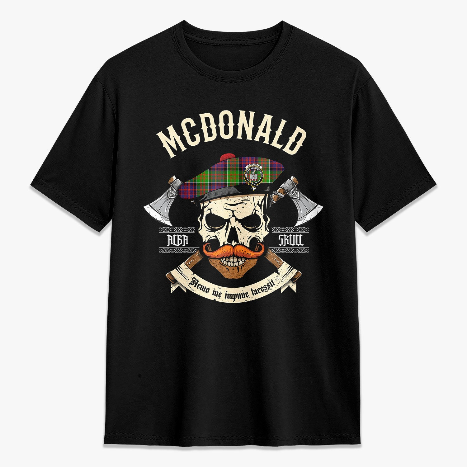 ScotsTee Shop Scottish McDonald (Clan Ranald) Crest Tartan T-shirt Alba Skull Style