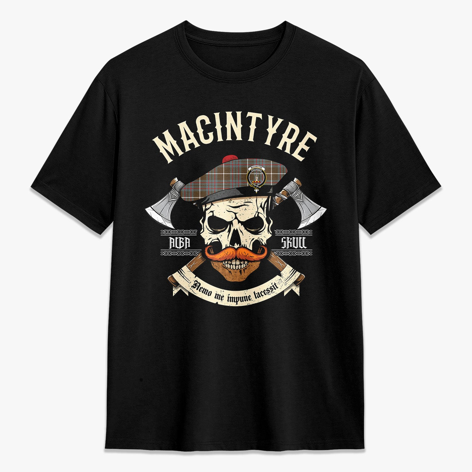 ScotsTee Shop Scottish MacIntyre Hunting Weathered Crest Tartan T-shirt Alba Skull Style