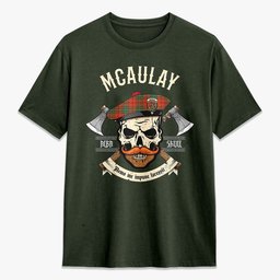 ScotsTee Shop Scottish McAulay Ancient Crest Tartan T-shirt Alba Skull Style