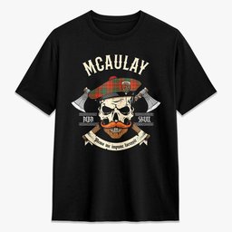 ScotsTee Shop Scottish McAulay Ancient Crest Tartan T-shirt Alba Skull Style