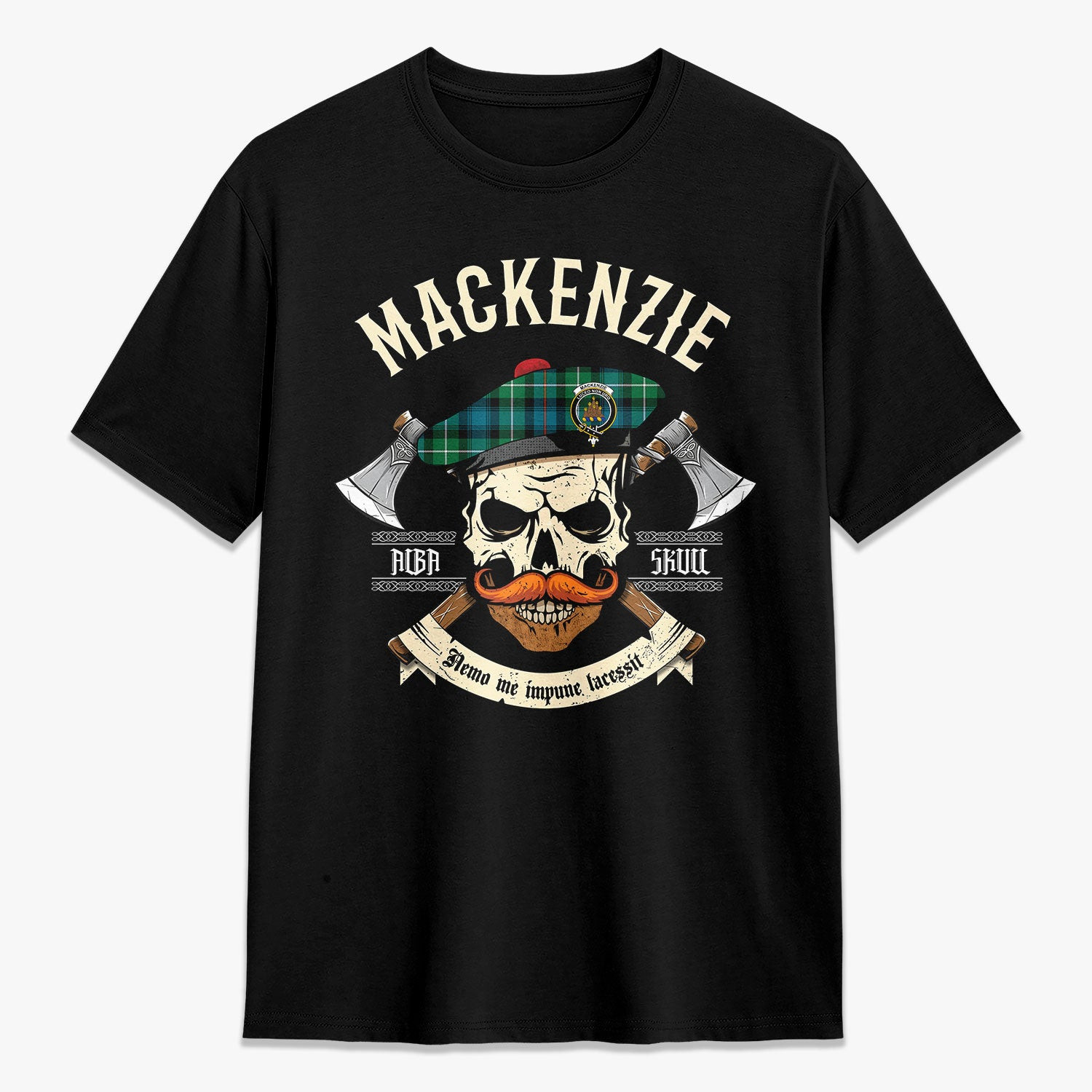 ScotsTee Shop Scottish MacKenzie Ancient Crest Tartan T-shirt Alba Skull Style