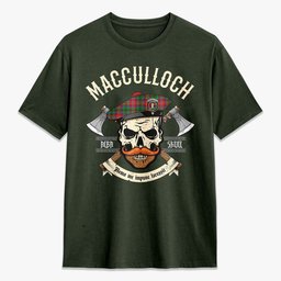 ScotsTee Shop Scottish MacCulloch (McCulloch) Crest Tartan T-shirt Alba Skull Style