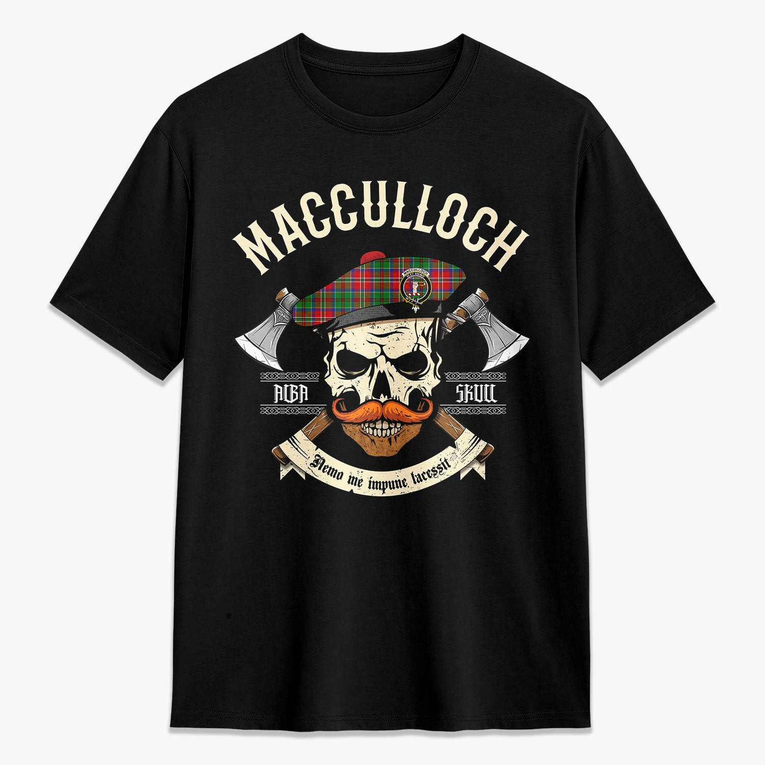 ScotsTee Shop Scottish MacCulloch (McCulloch) Crest Tartan T-shirt Alba Skull Style