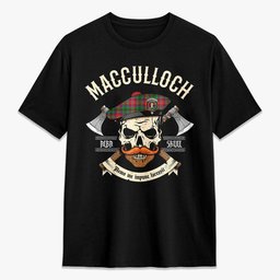 ScotsTee Shop Scottish MacCulloch (McCulloch) Crest Tartan T-shirt Alba Skull Style