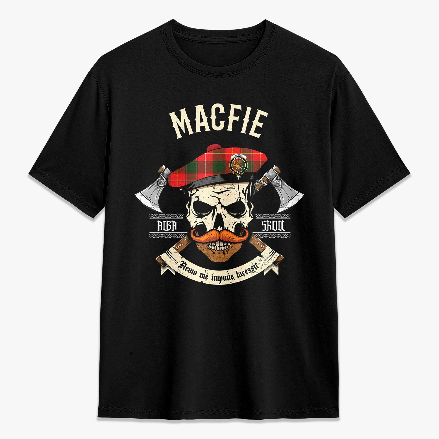 ScotsTee Shop Scottish MacFie Crest Tartan T-shirt Alba Skull Style