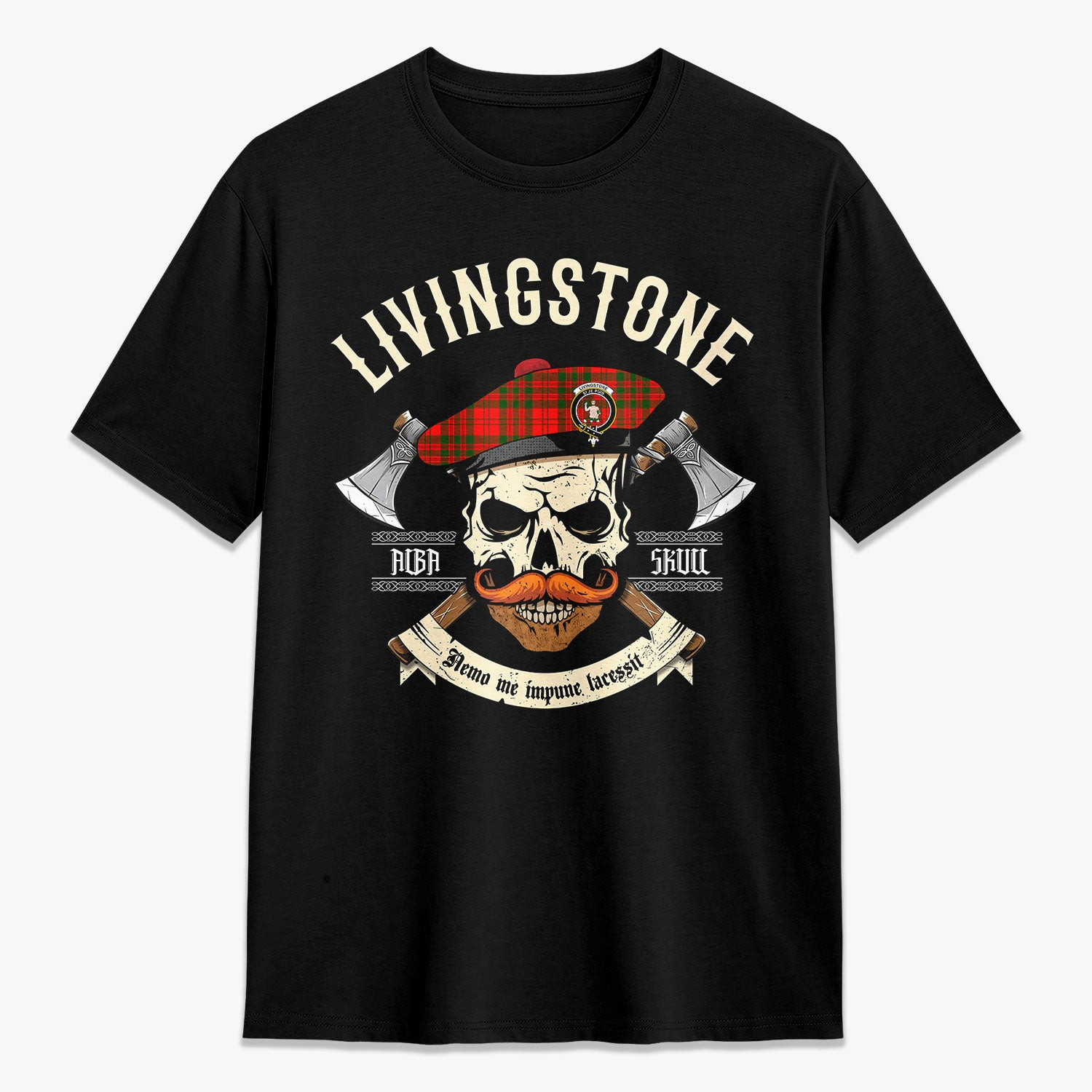 ScotsTee Shop Scottish Livingstone Crest Tartan T-shirt Alba Skull Style