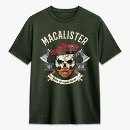 ScotsTee Shop Scottish MacAlister Modern Crest Tartan T-shirt Alba Skull Style