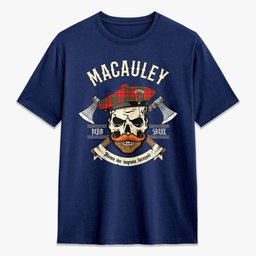 ScotsTee Shop Scottish MacAuley Modern Crest Tartan T-shirt Alba Skull Style