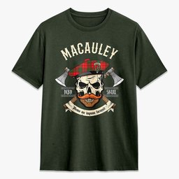 ScotsTee Shop Scottish MacAuley Modern Crest Tartan T-shirt Alba Skull Style