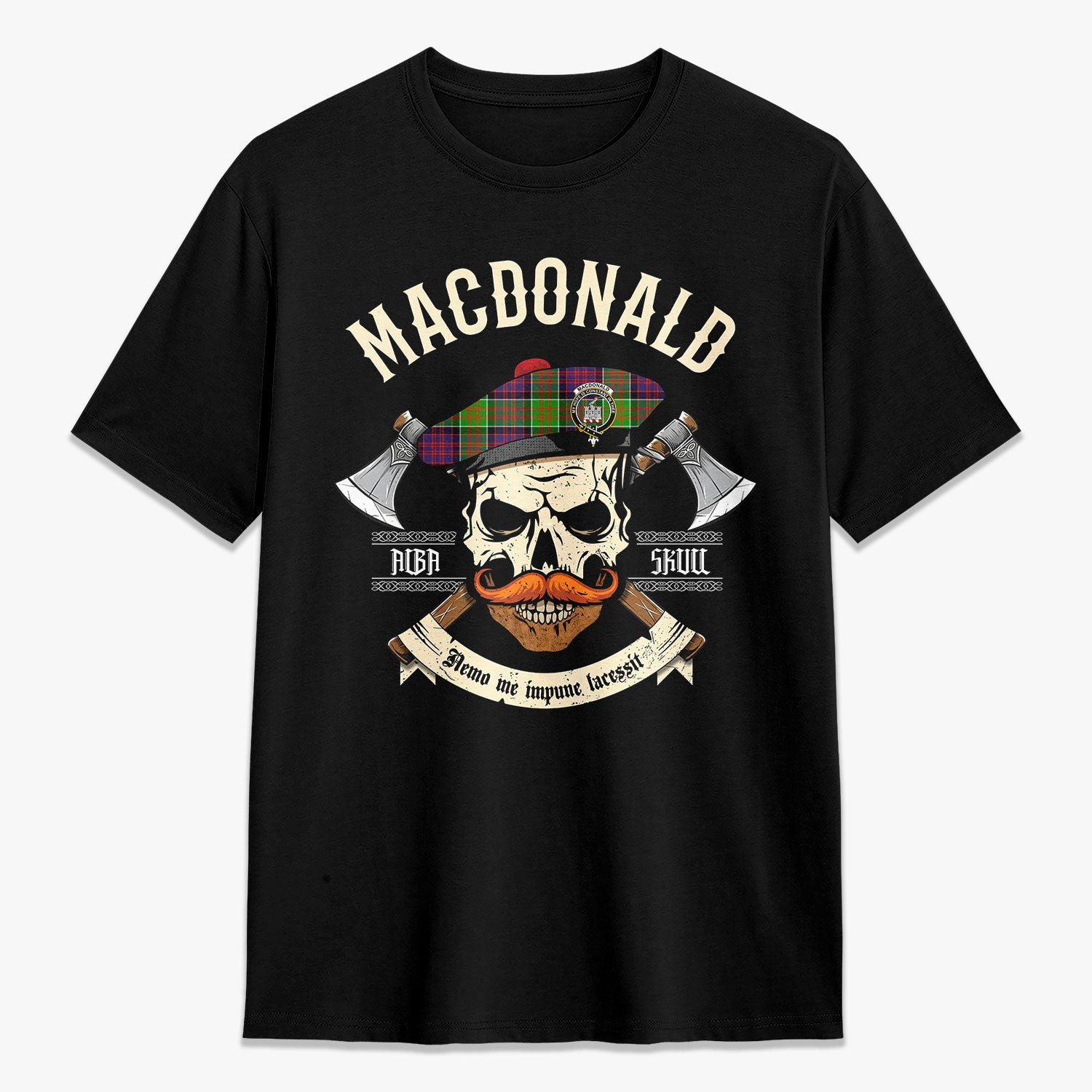 ScotsTee Shop Scottish MacDonald (Clan Ranald) Crest Tartan T-shirt Alba Skull Style