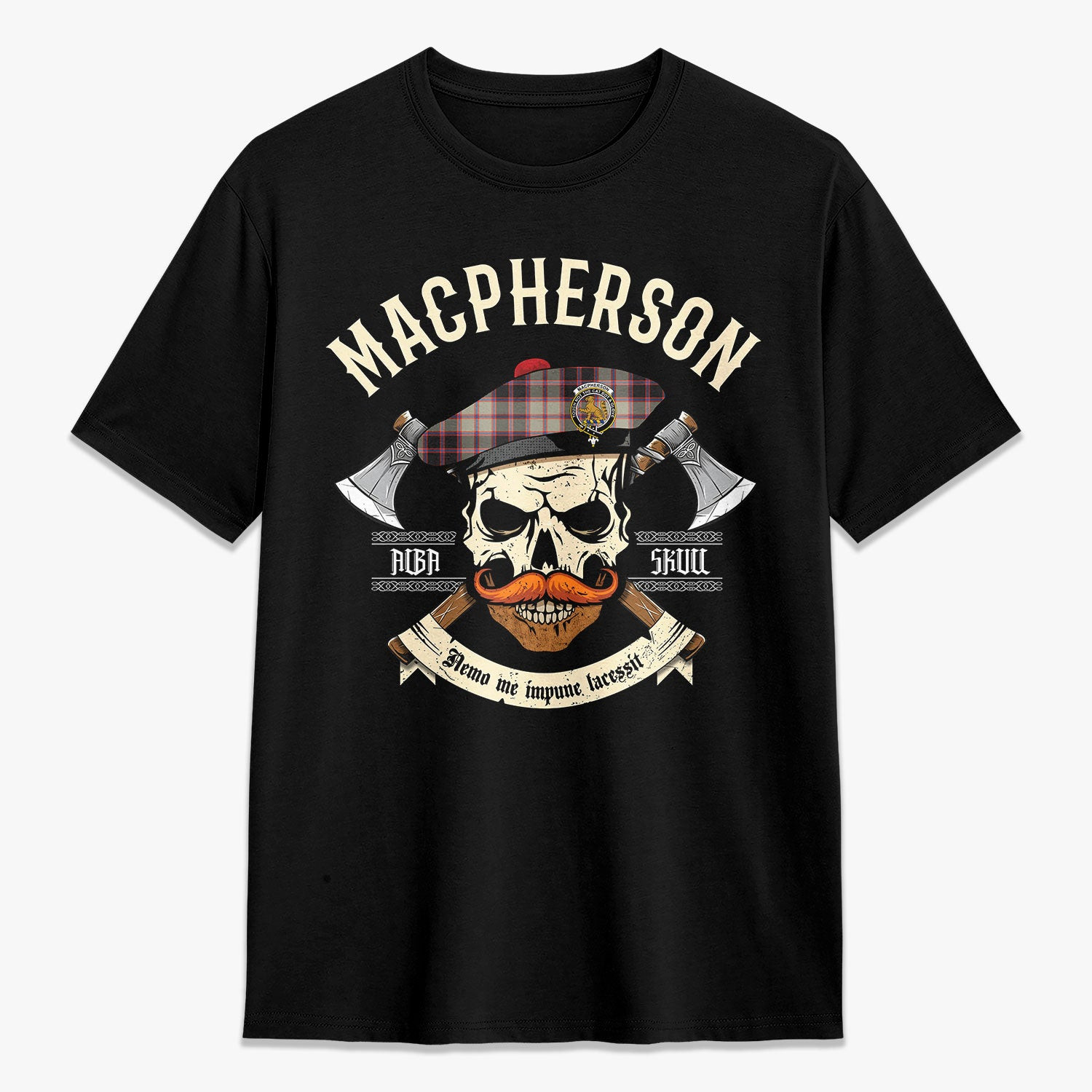 ScotsTee Shop Scottish MacPherson Hunting Ancient Crest Tartan T-shirt Alba Skull Style