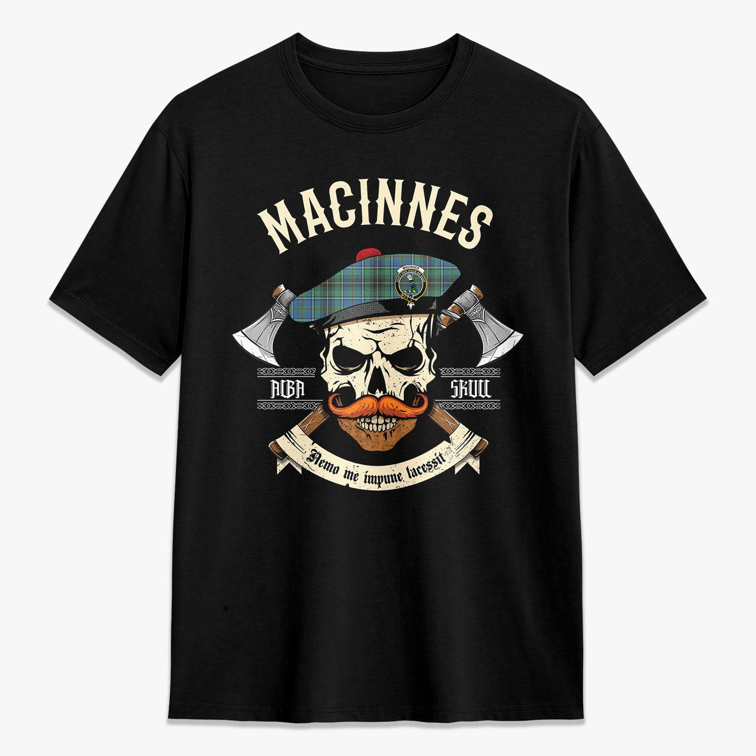 ScotsTee Shop Scottish MacInnes Ancient Crest Tartan T-shirt Alba Skull Style