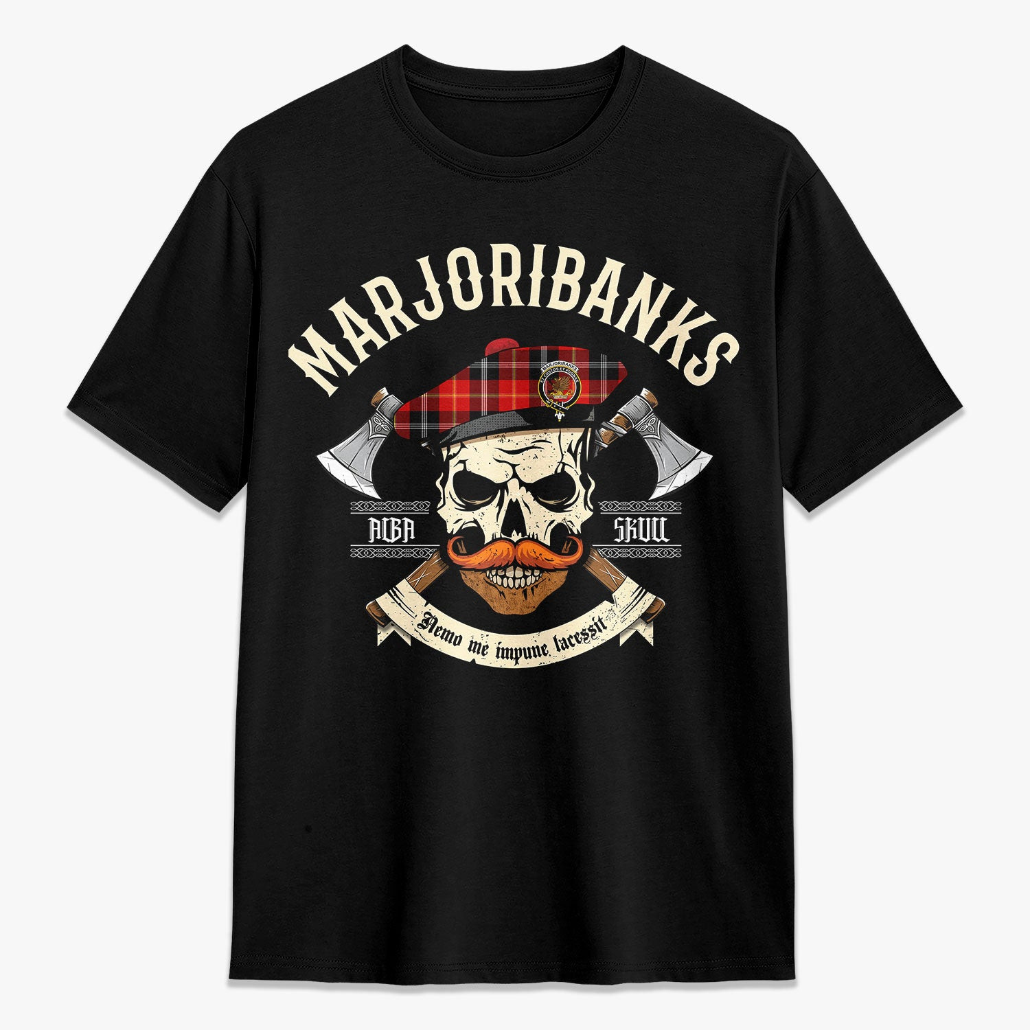 ScotsTee Shop Scottish Marjoribanks Crest Tartan T-shirt Alba Skull Style