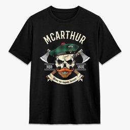 ScotsTee Shop Scottish McArthur Ancient Crest Tartan T-shirt Alba Skull Style