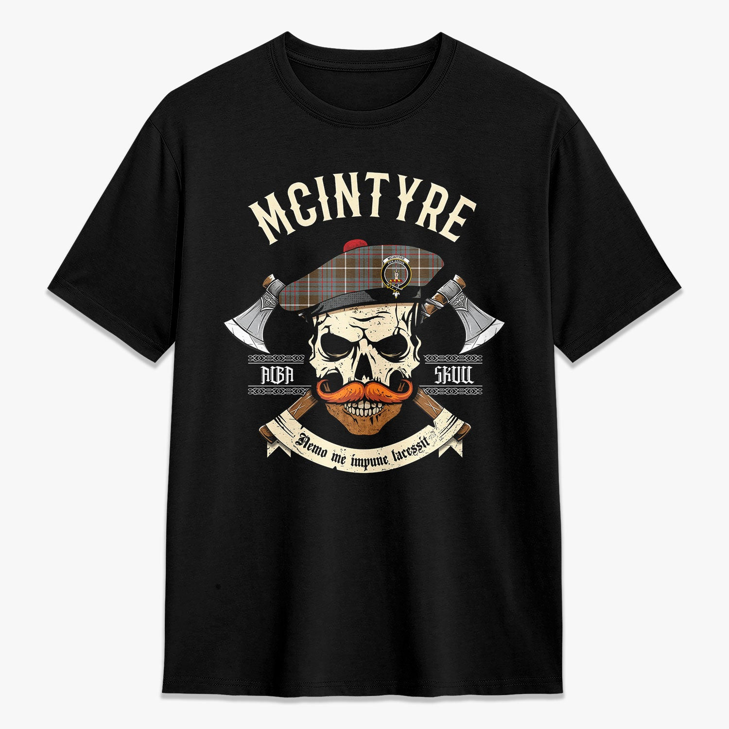 ScotsTee Shop Scottish McIntyre Hunting Weathered Crest Tartan T-shirt Alba Skull Style