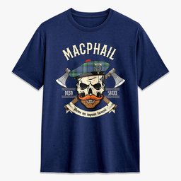 ScotsTee Shop Scottish MacPhail Hunting Ancient Crest Tartan T-shirt Alba Skull Style