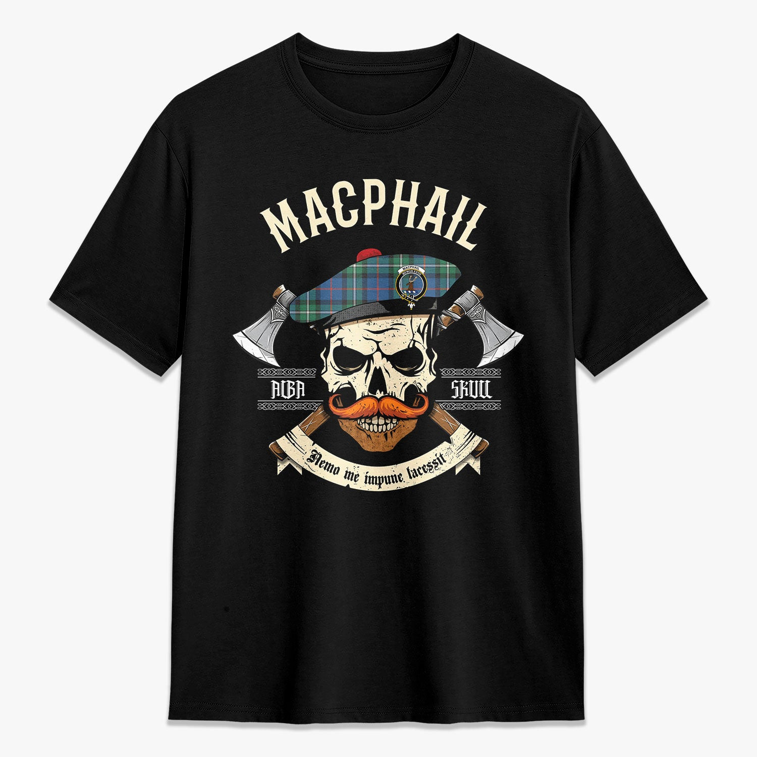 ScotsTee Shop Scottish MacPhail Hunting Ancient Crest Tartan T-shirt Alba Skull Style