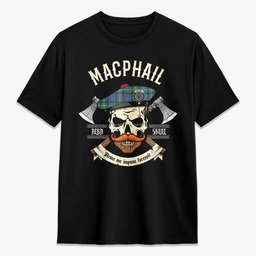 ScotsTee Shop Scottish MacPhail Hunting Ancient Crest Tartan T-shirt Alba Skull Style
