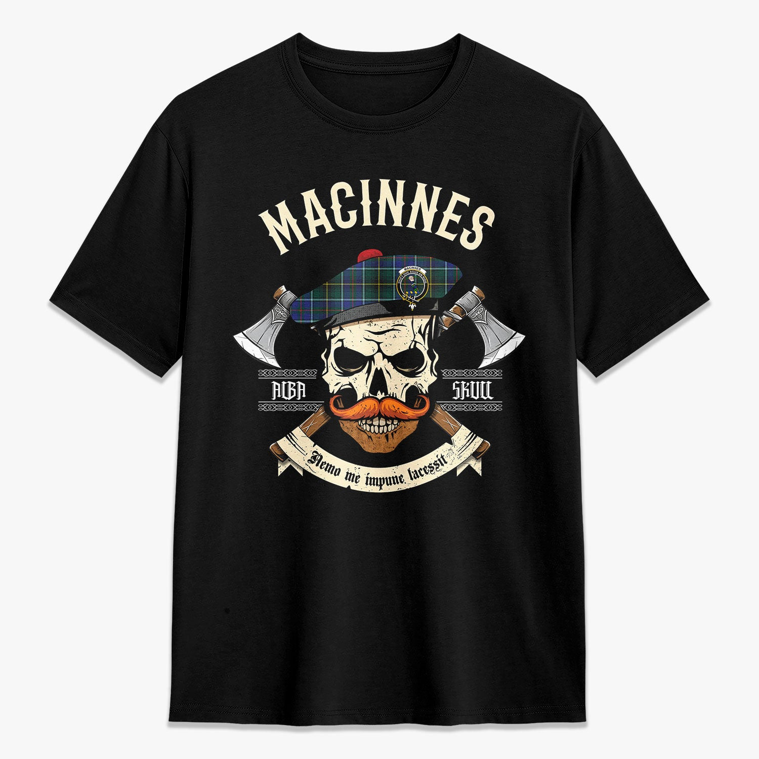 ScotsTee Shop Scottish MacInnes Modern Crest Tartan T-shirt Alba Skull Style
