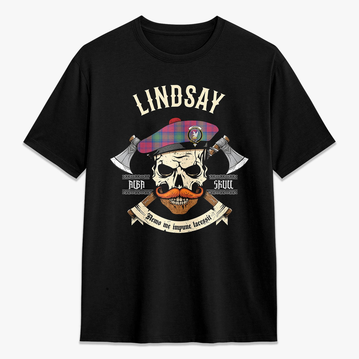 ScotsTee Shop Scottish Lindsay Ancient Crest Tartan T-shirt Alba Skull Style