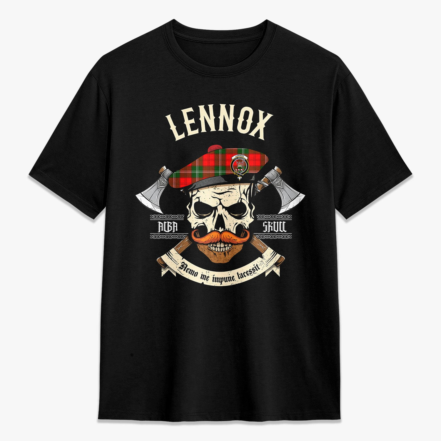ScotsTee Shop Scottish Lennox (Lennox Kincaid) Crest Tartan T-shirt Alba Skull Style