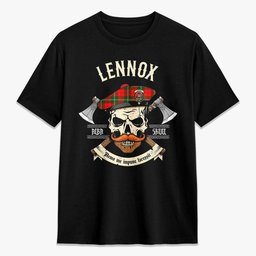 ScotsTee Shop Scottish Lennox (Lennox Kincaid) Crest Tartan T-shirt Alba Skull Style